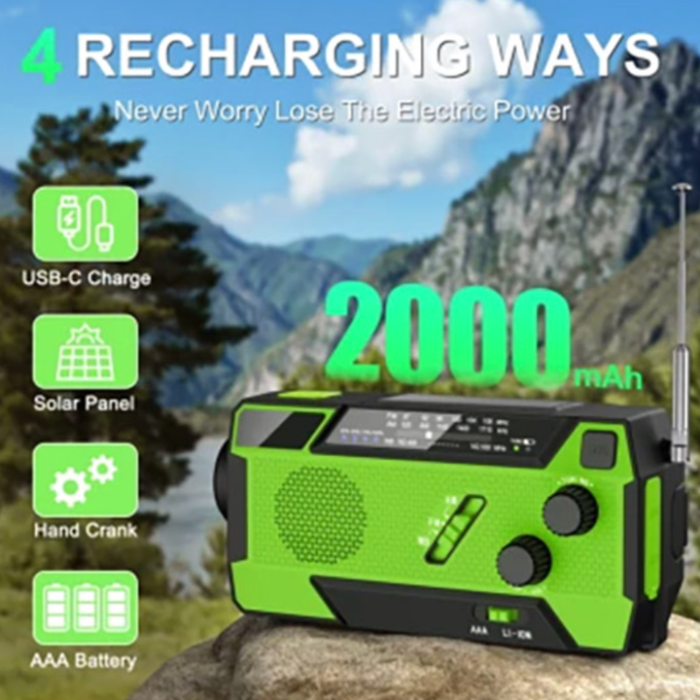 Nødradio med SOS-Funktion, powerbank, vandafvisende, solceller. 2000mAh.