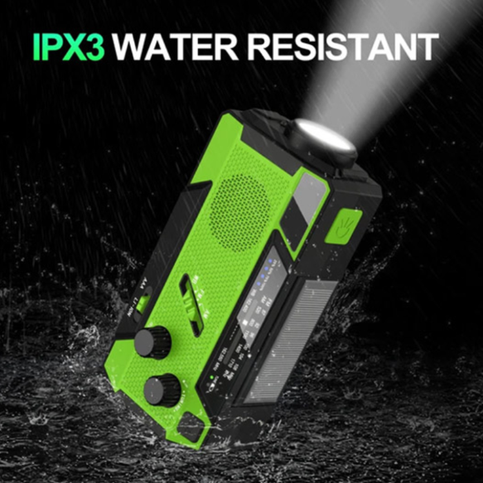 Nødradio med SOS-Funktion, powerbank, vandafvisende, solceller. 2000mAh.