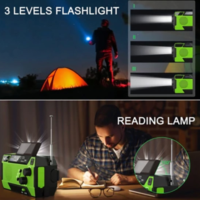 Nødradio med SOS-Funktion, powerbank, vandafvisende, solceller. 2000mAh.