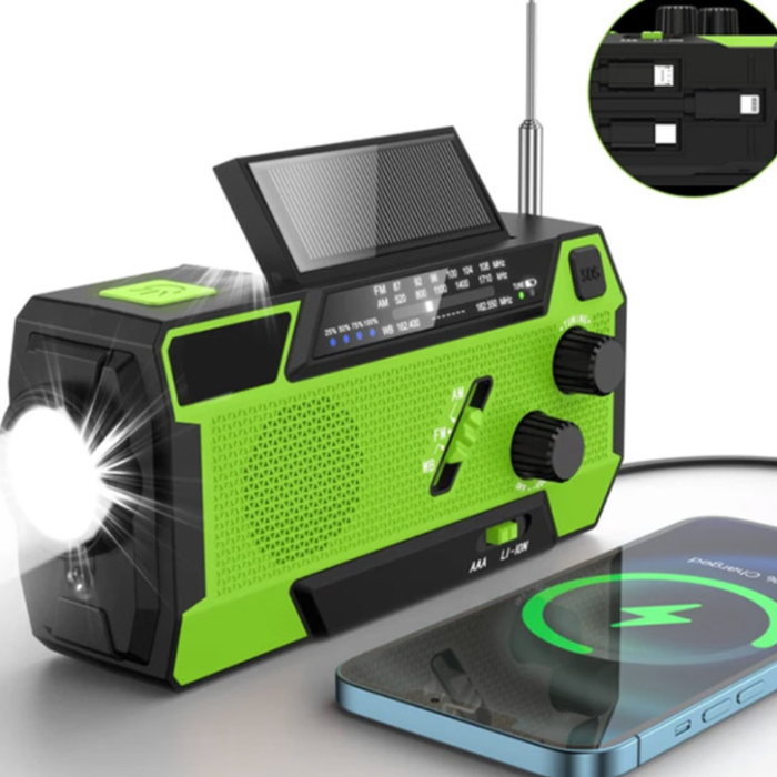 Nødradio med SOS-Funktion, powerbank, vandafvisende, solceller. 2000mAh.
