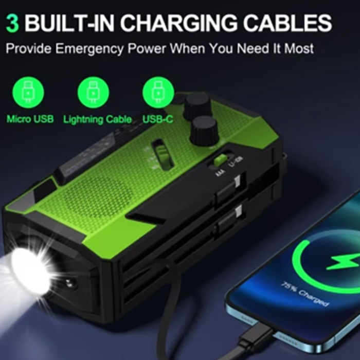 Nødradio med SOS-Funktion, powerbank, vandafvisende, solceller. 2000mAh.